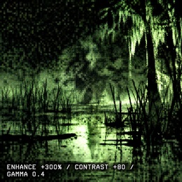 Contrast-boosted crop from Photo B showing indistinct human-shaped form with tall pointed silhouette within the luminescent glow at Rollins Savanna