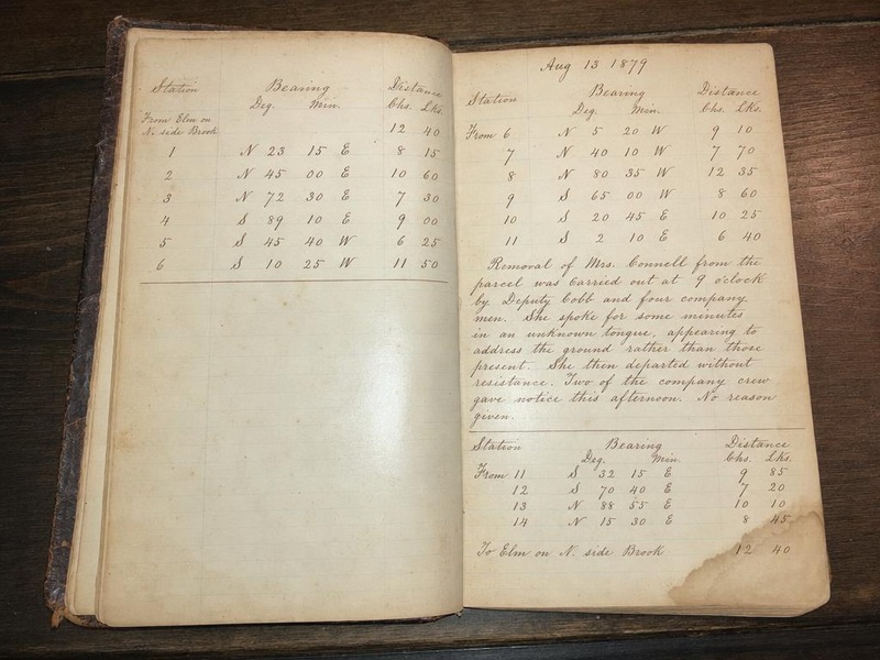 Foote field journal August 13 1879 entry recording the removal of Bridget Connell from her homestead by Lake County Sheriff and Wisconsin Central company men