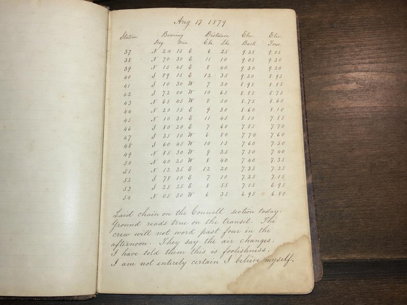 Foote field journal August 17 1879 entry showing compass bearing data and the final sentence I am not entirely certain I believe myself