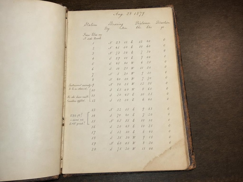 Foote field journal bearing measurement columns showing compass deviation annotated as instrument anomaly to be re-observed with researcher pencil notation in margin