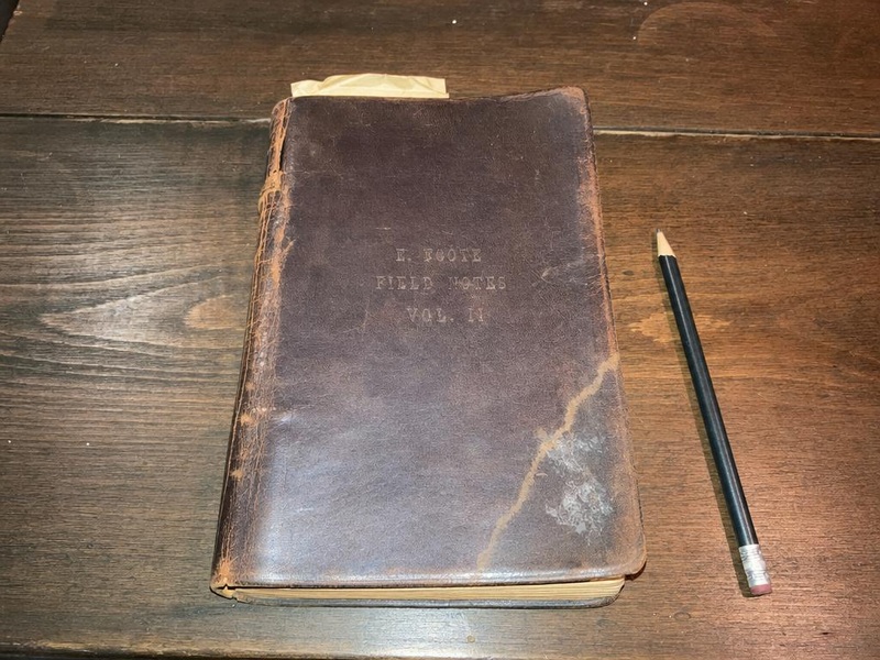 Foote field journal Vol. II, water-damaged leather cover, circa 1879, found in crawlspace 1998